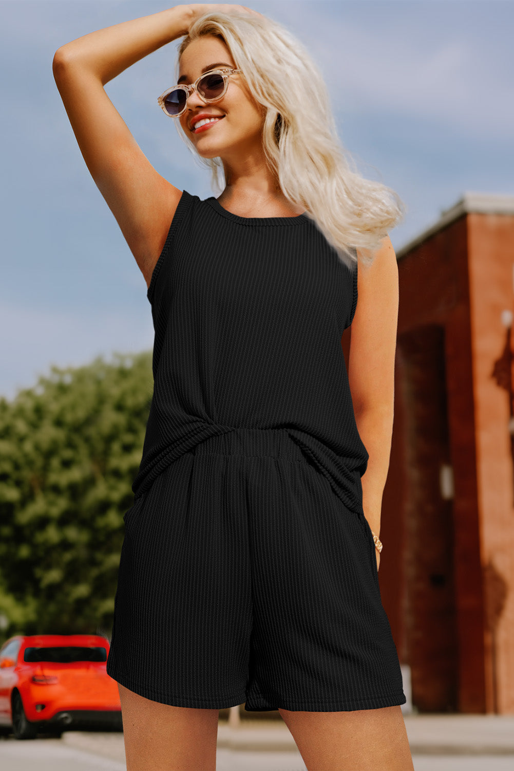 Black Corded Sleeveless Top and Pocketed Shorts Set