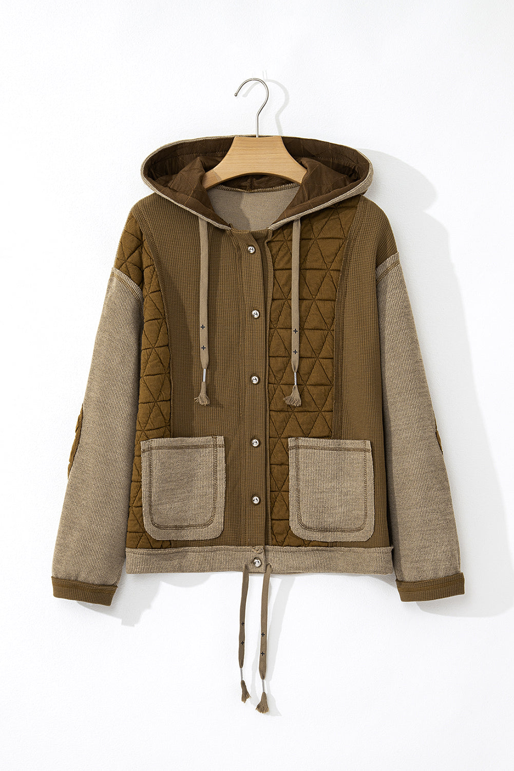 Quilted Textured Patchwork Loose Fit Hooded Jacket