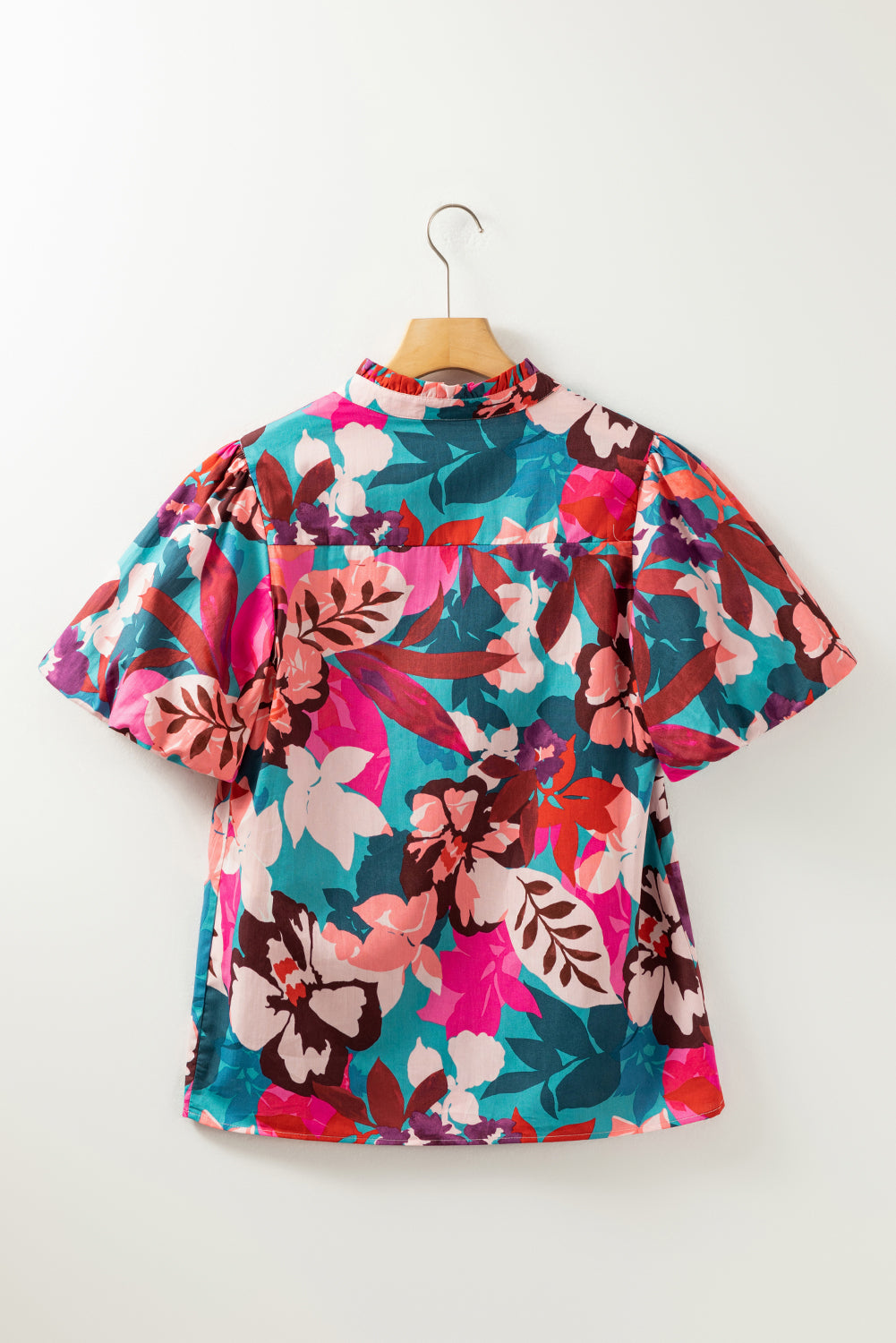 Rose Red Floral Print V-Neck with Puff Sleeve