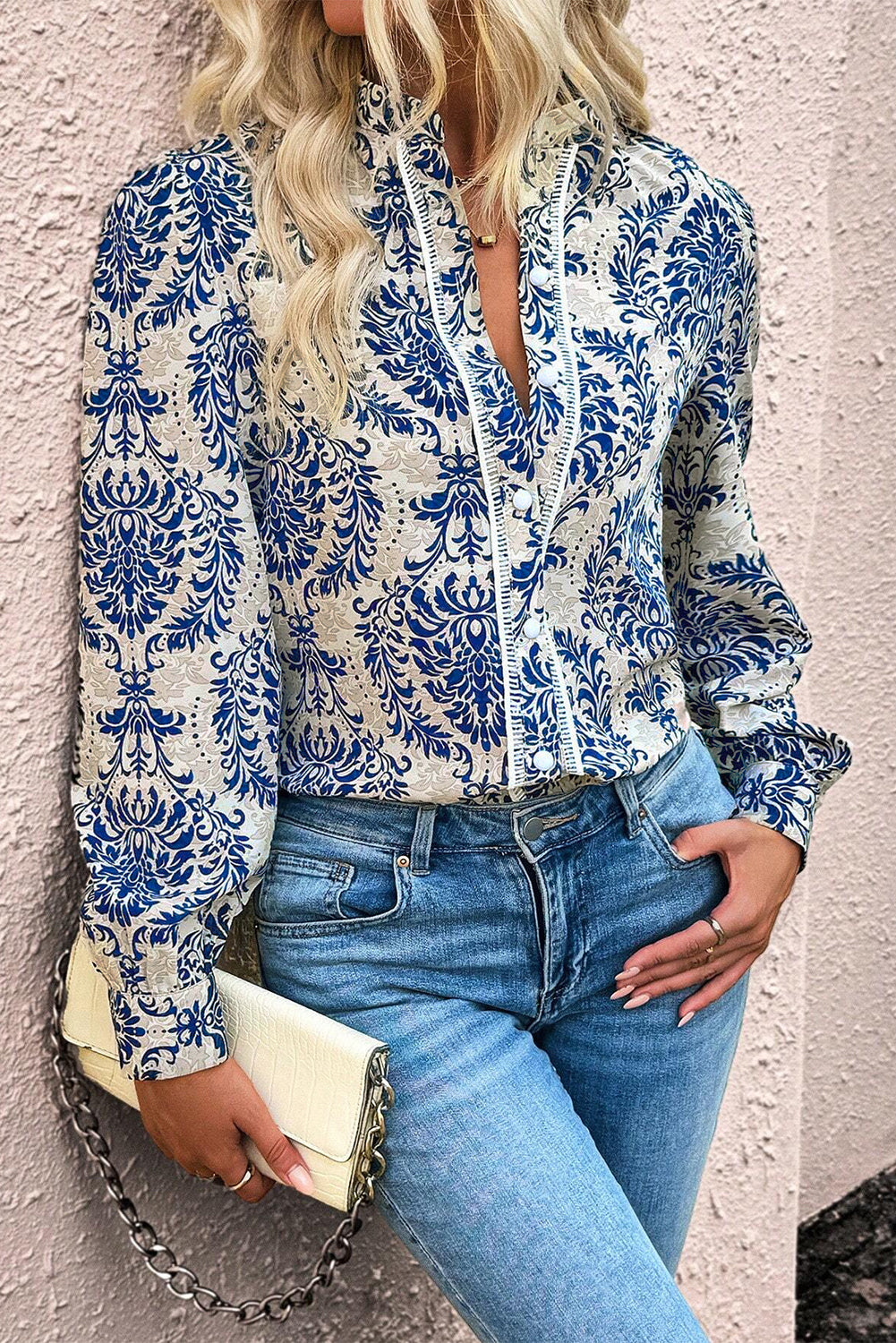 Sky Blue Bohemian Printed Bishop Sleeve Lace Blouse