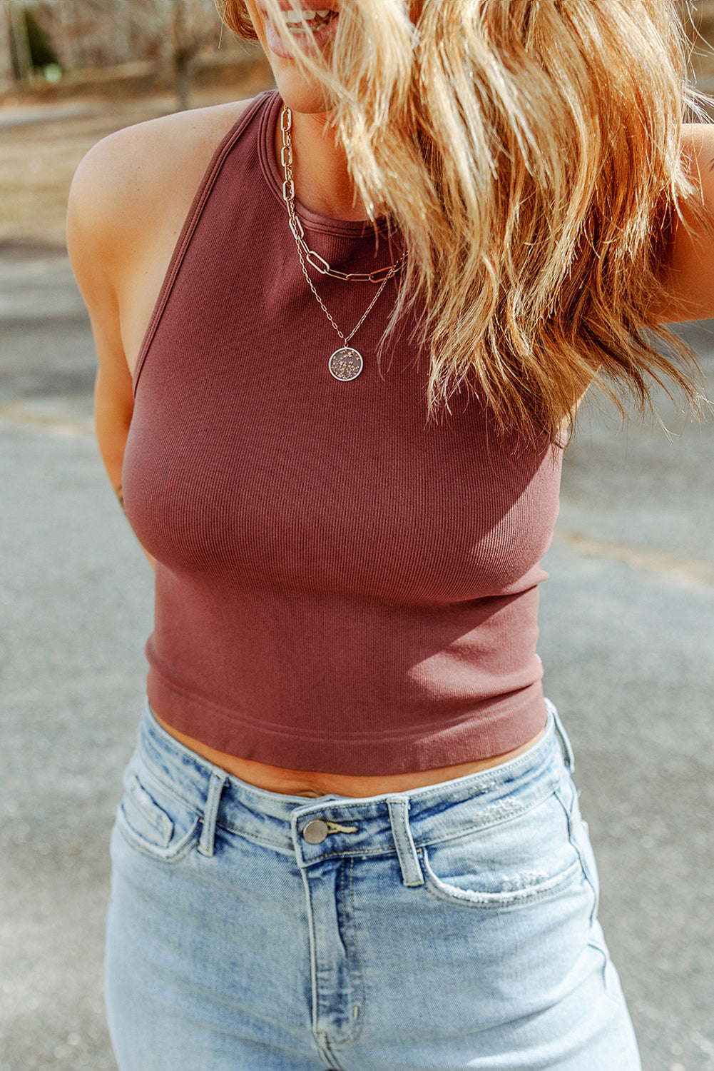 Ribbed Knit Racerback Crop Tank in red clay