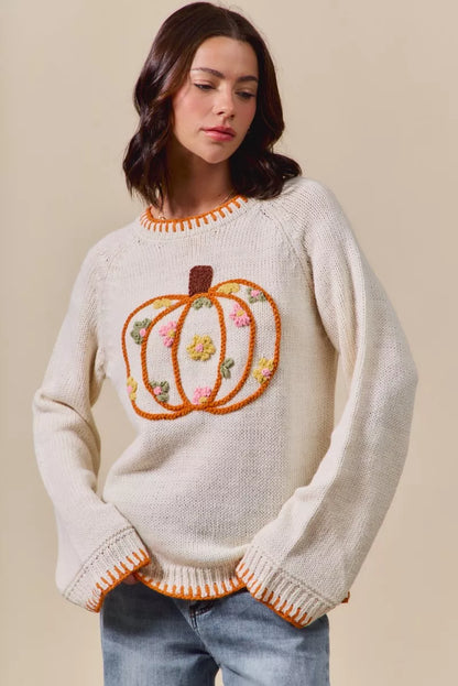 Pumpkin Floral Embroidered Thanksgiving Sweater -Limited Stock