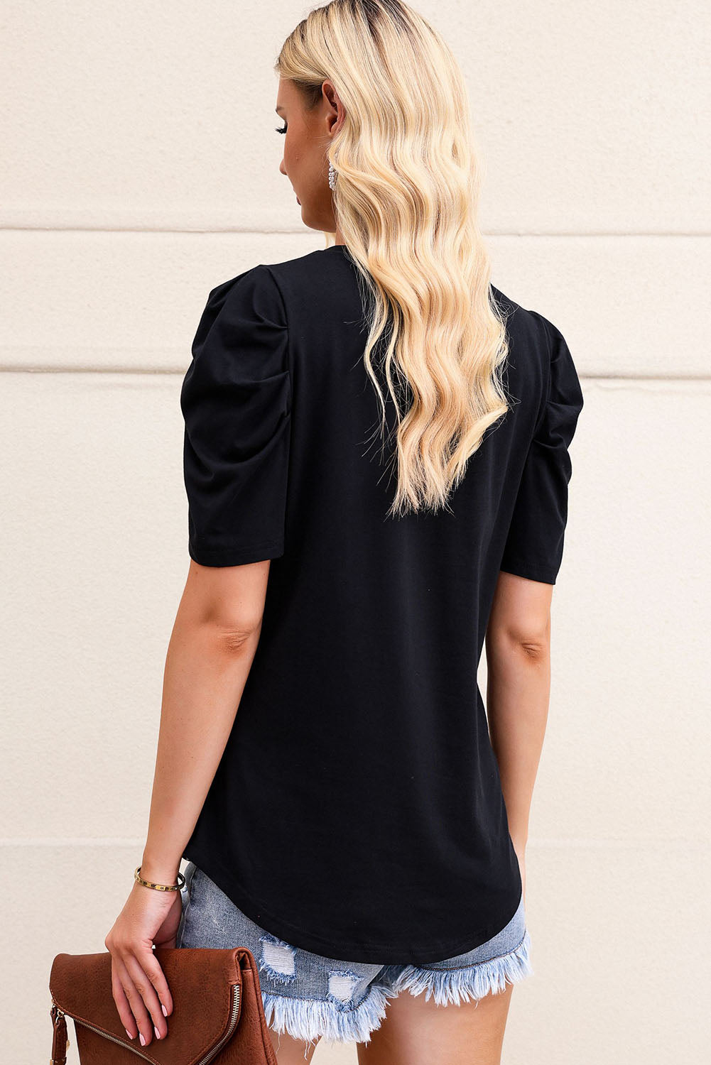 Fiona Puff Sleeve V-Neck T-Shirt in Black