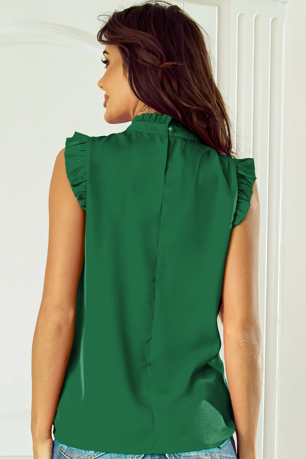 Pleated Mock Neck Frilled Trim Sleeveless Top