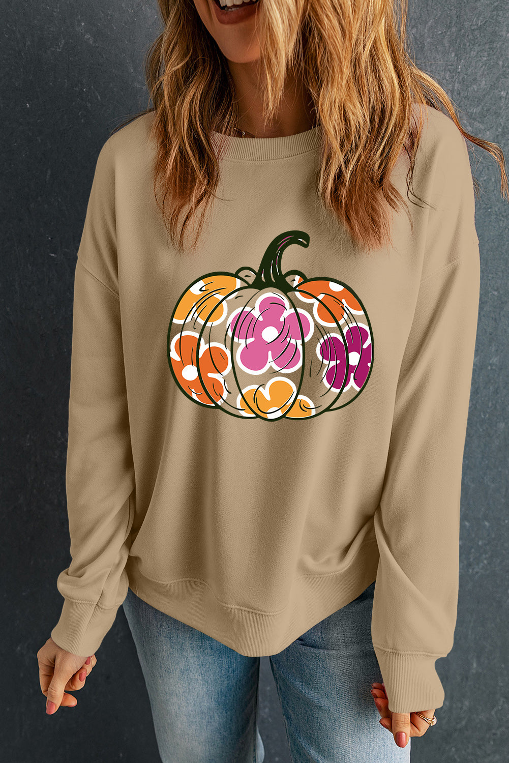 Khaki Halloween Floral Pumpkin Drop Shoulder Sweatshirt