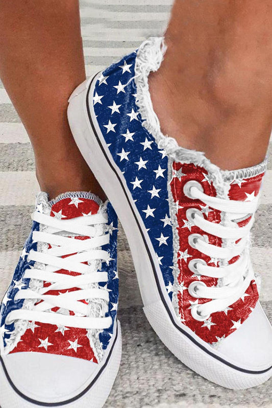 American Flag Stars Printed Frayed Detail Lace-up Shoes