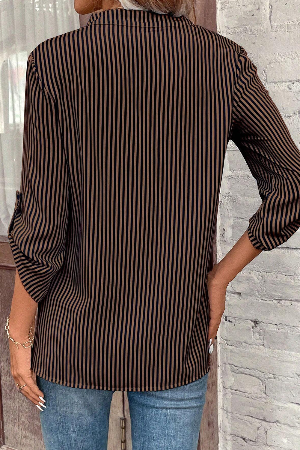 Brown Stripe V Neck Roll Up Sleeve Classic Shirt