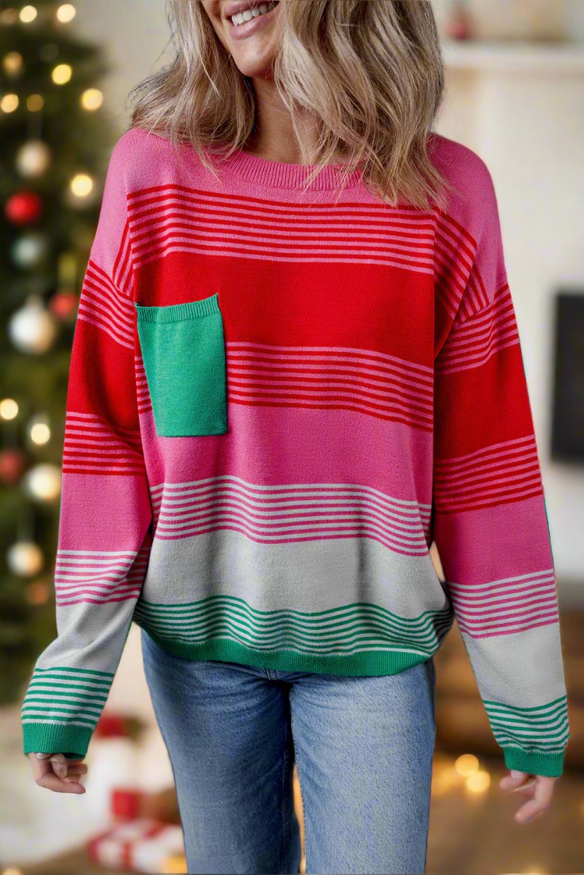 Rose Striped Knit Patch Pocket Drop Shoulder Sweater