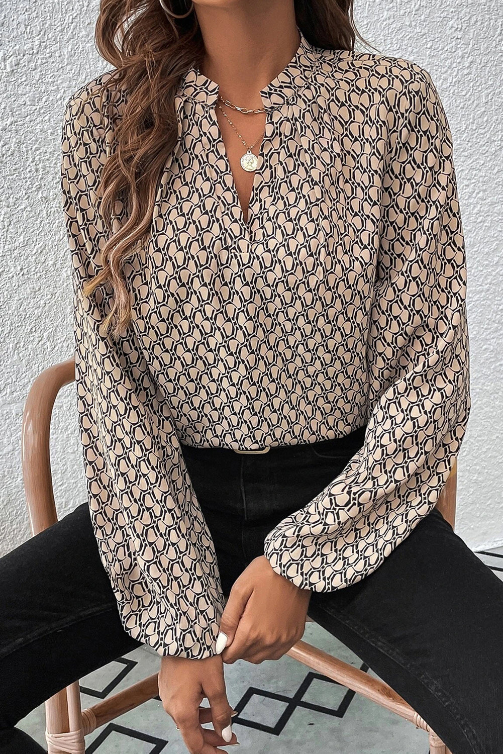 Geometric Print Notched Neck Puff Sleeve Blouse