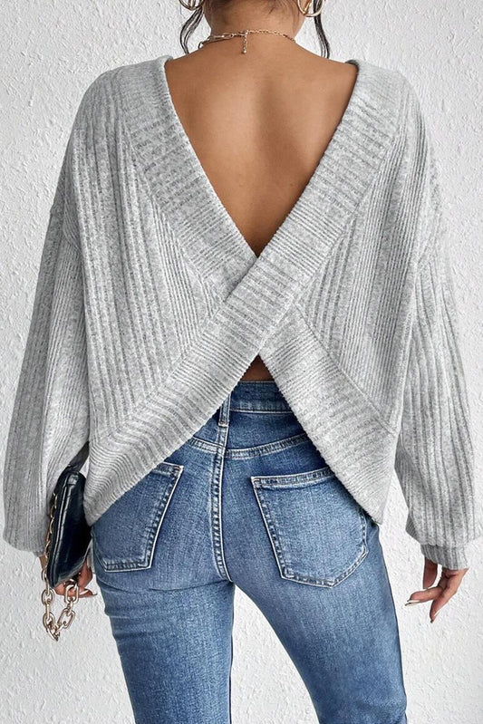 Light Grey Textured Crossover Backless Sweater