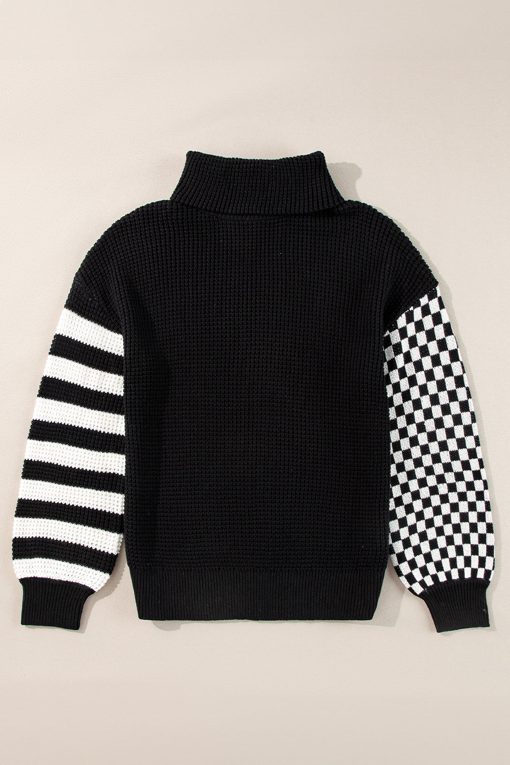 Striped Plaid Patchwork Waffle Knit Turtleneck Sweater