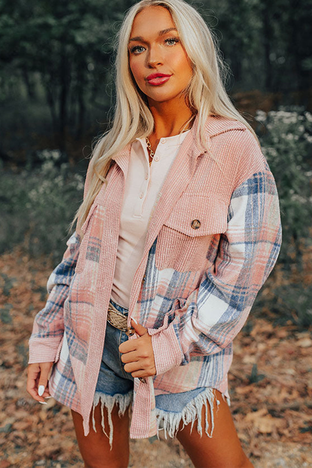 pink Plaid Corduroy Patchwork Chest Pocket Shacket