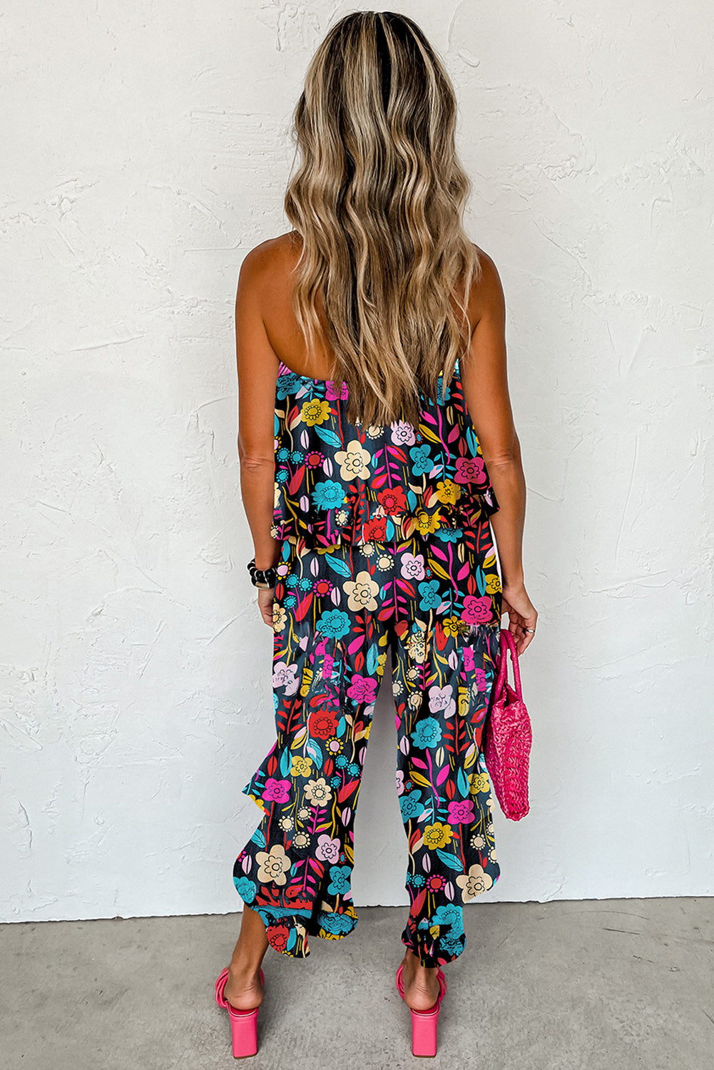 Tropical Print Strapless Ruffled Jumpsuit