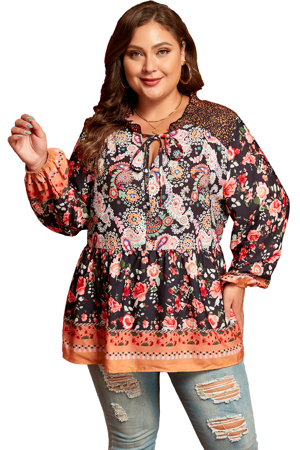 Black Paisley Floral Print V Neck Bubble Sleeve Blouse in CURVY SIZE ONLY