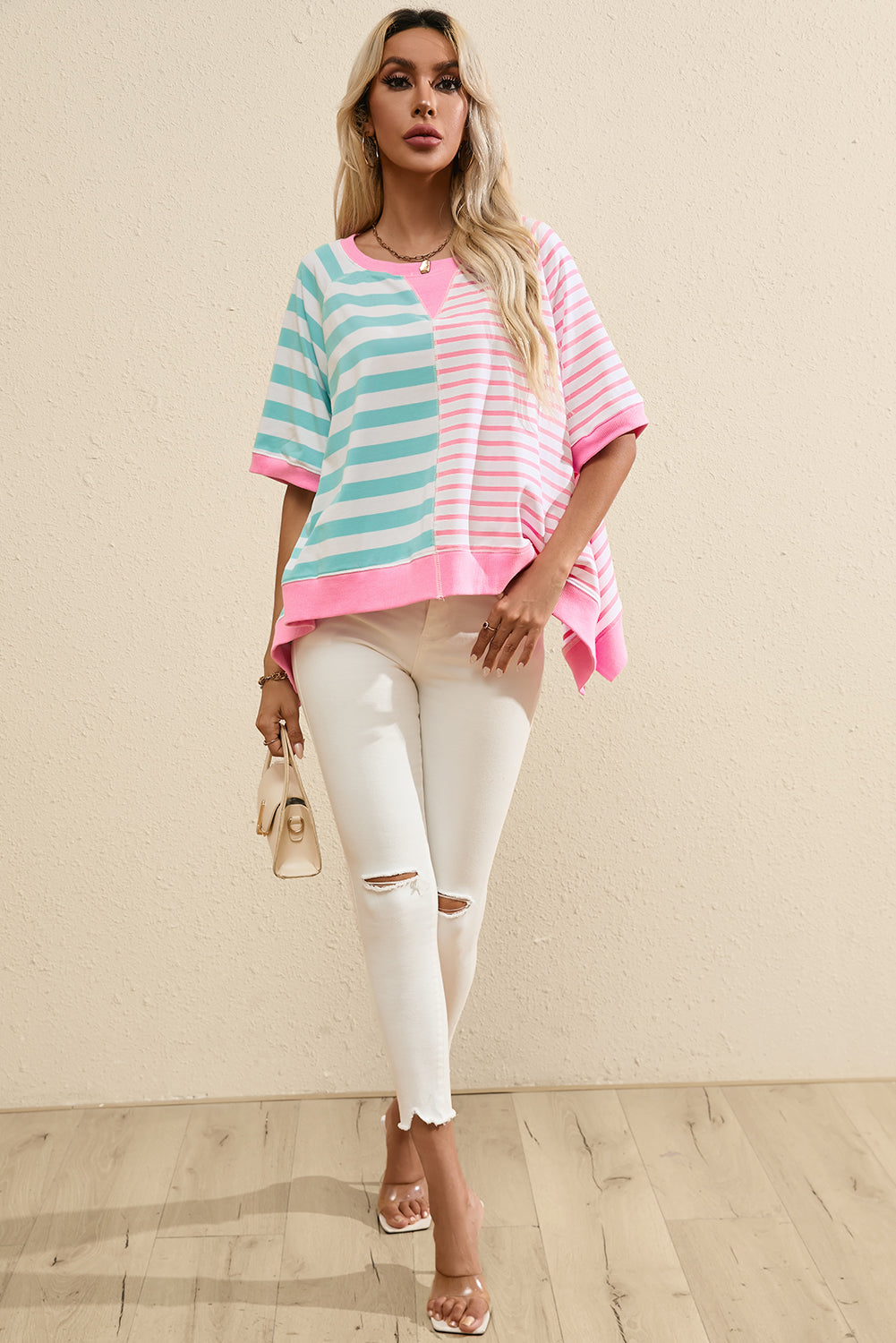 Stripe Contrast Patchwork Oversized T Shirt