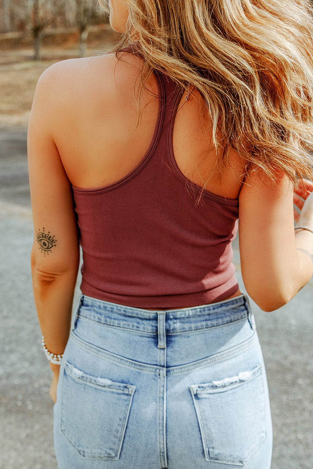 Ribbed Knit Racerback Crop Tank in red clay