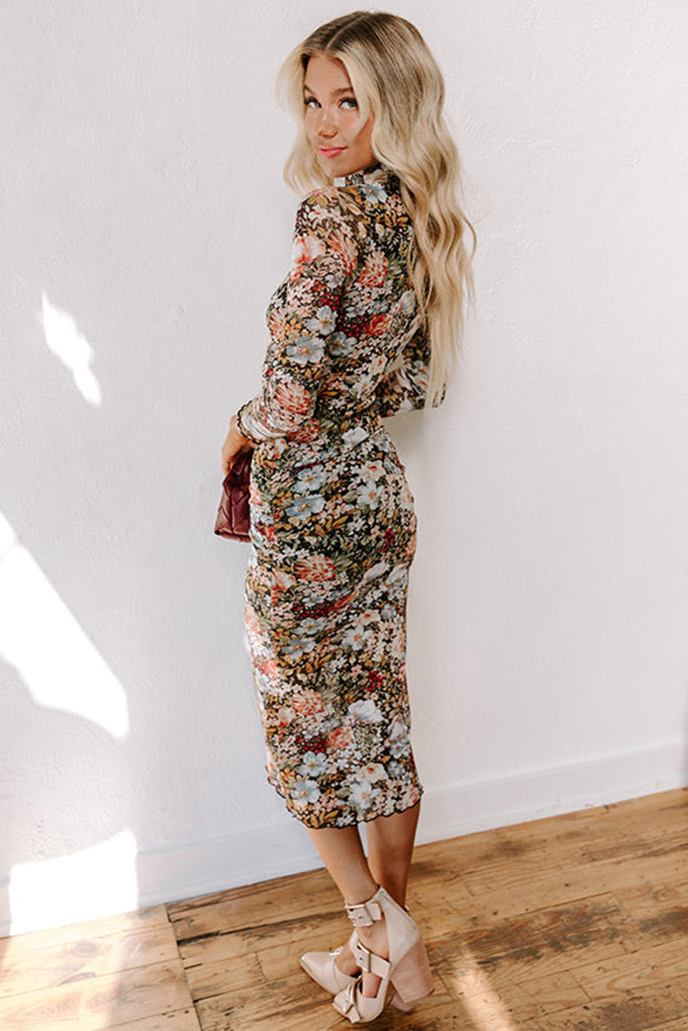 Brown Floral Mock Neck Bodycon Long Sleeve Midi Dress