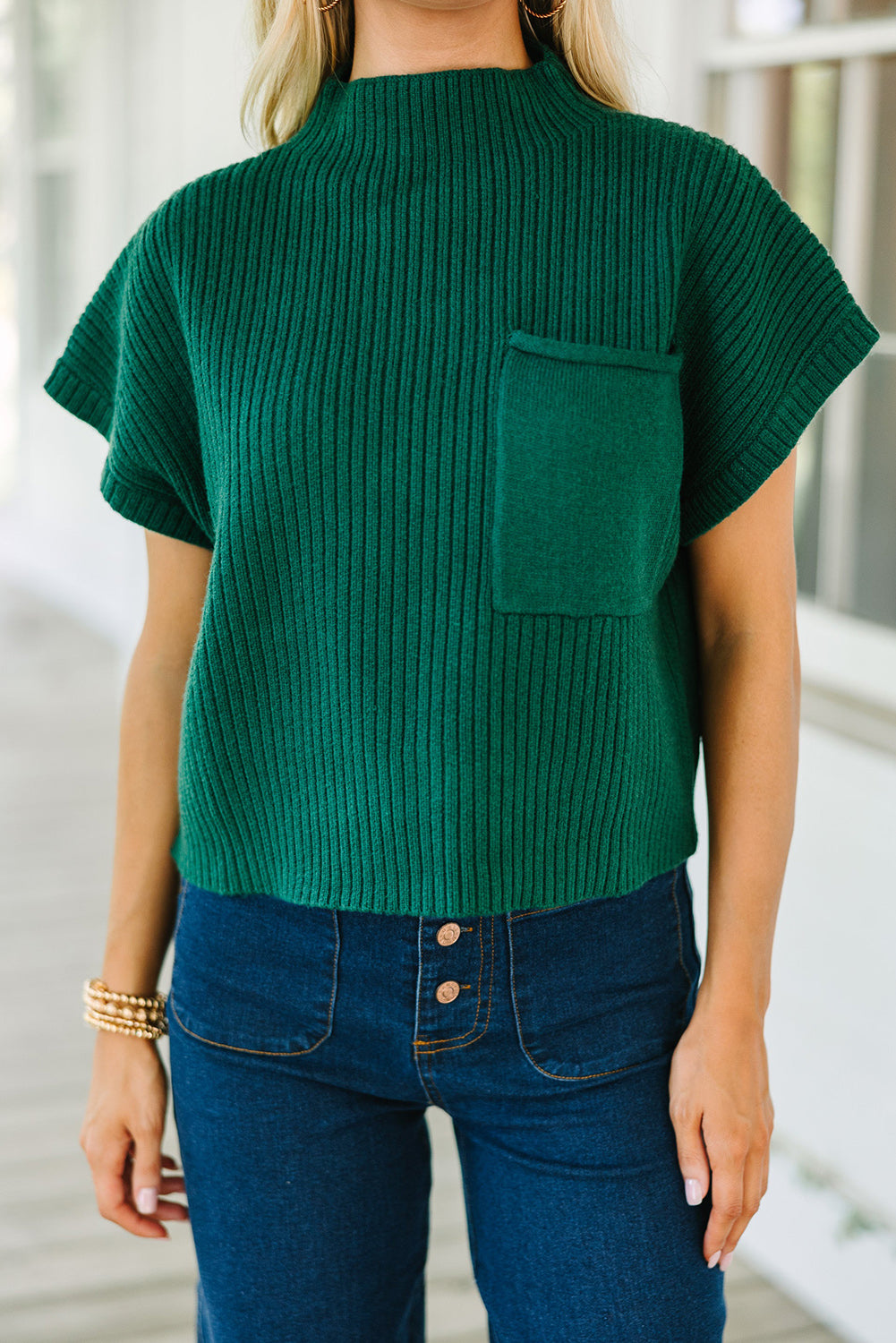 Patch Pocket Ribbed Knit Short Sleeve Sweater