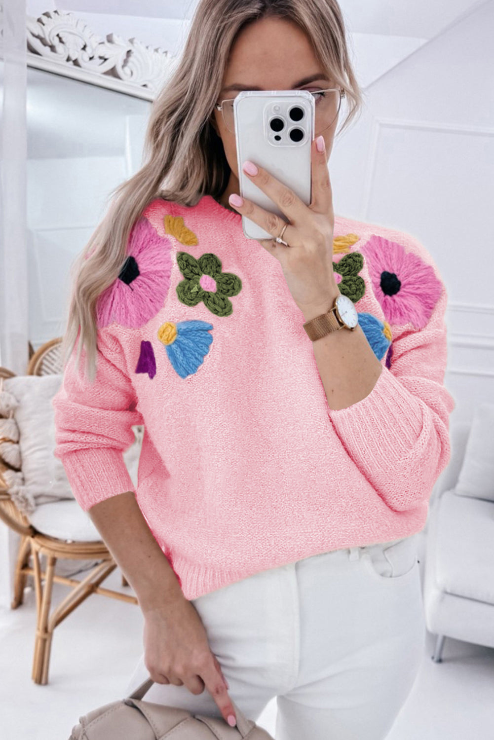 Knitted Flower Pattern Ribbed Edge Sweater