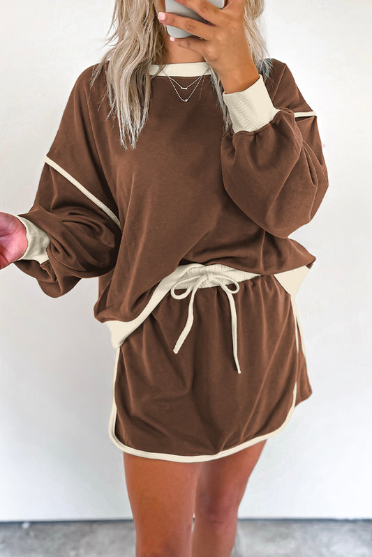 Coffee Color Loose Pullover and Lace-up Waist Skort Set