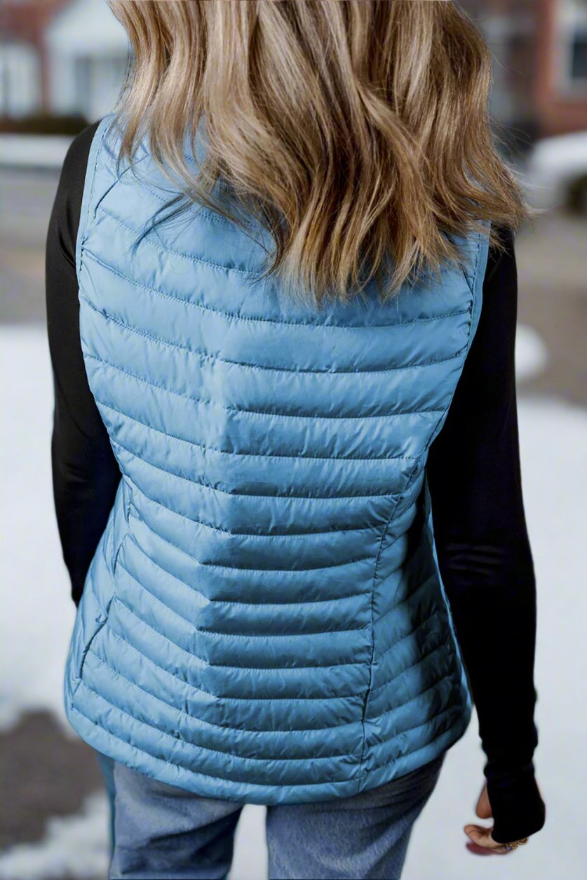 Sky Blue Plush Collared Quilted Zipped Puffer Vest