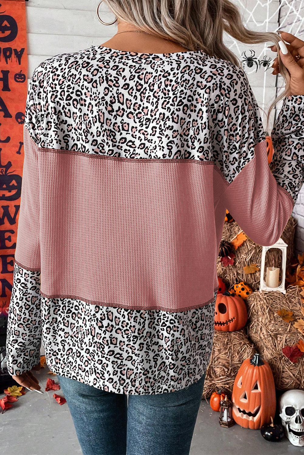 Leopard Print Waffle Knit Patchwork Top in Light Pink