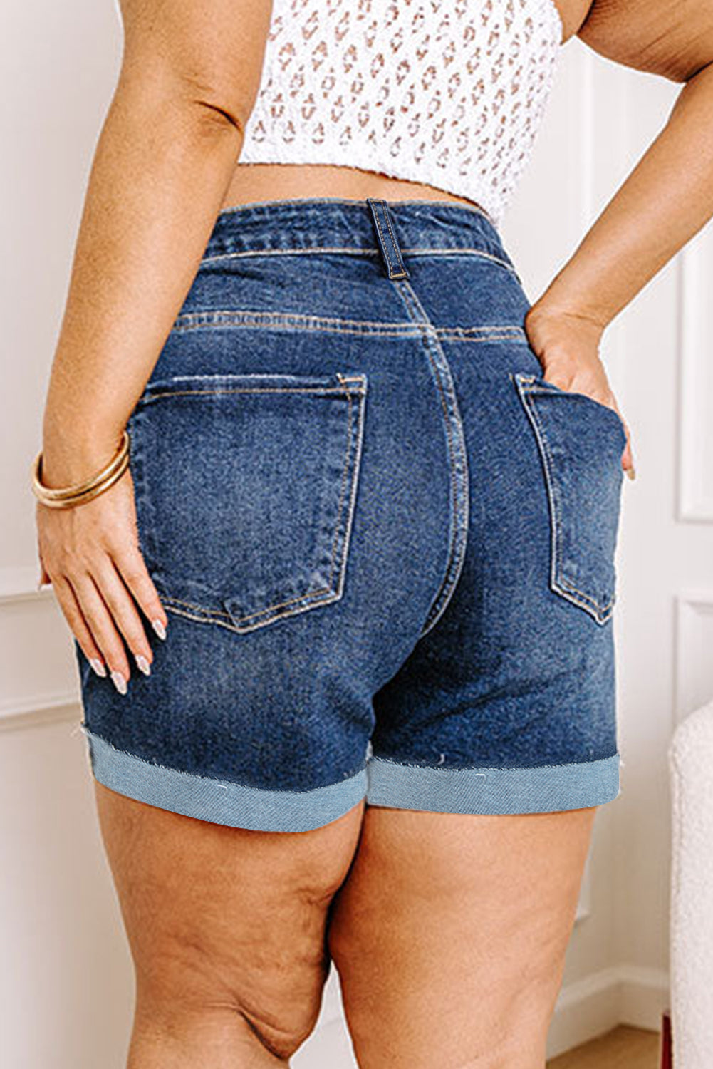 Sail Blue Folded Edge High Waist Denim Shorts in CURVY SIZE ONLY