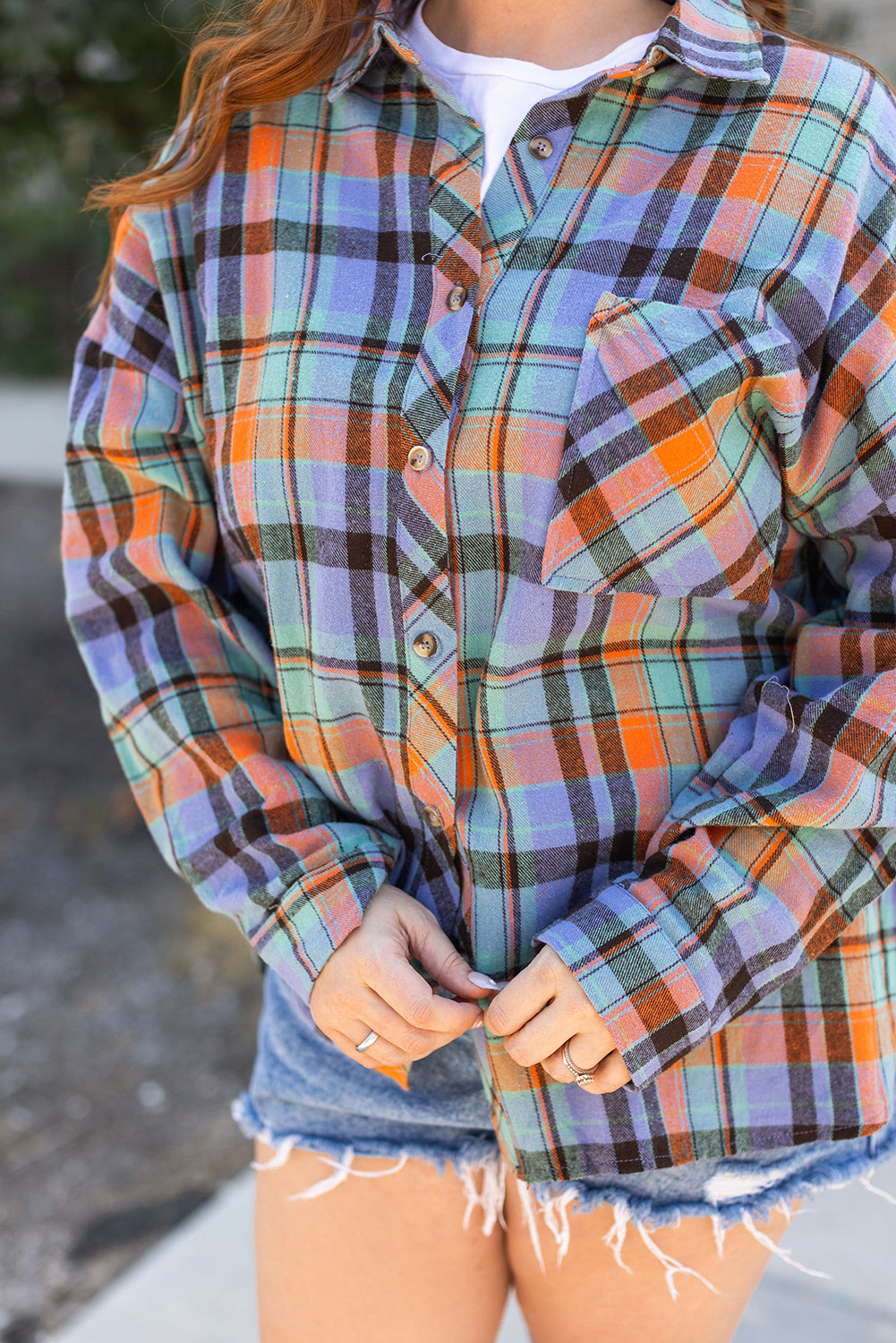 Plaid Print Buttoned Shirt in CURVY SIZE ONLY