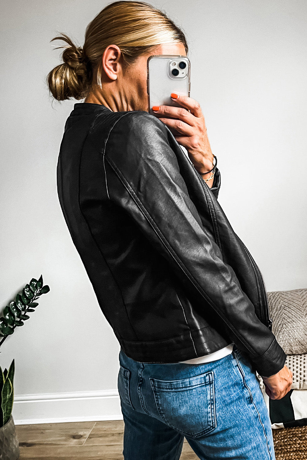 Solid Faux Leather Zipper Slim Fit Bomber Jacket