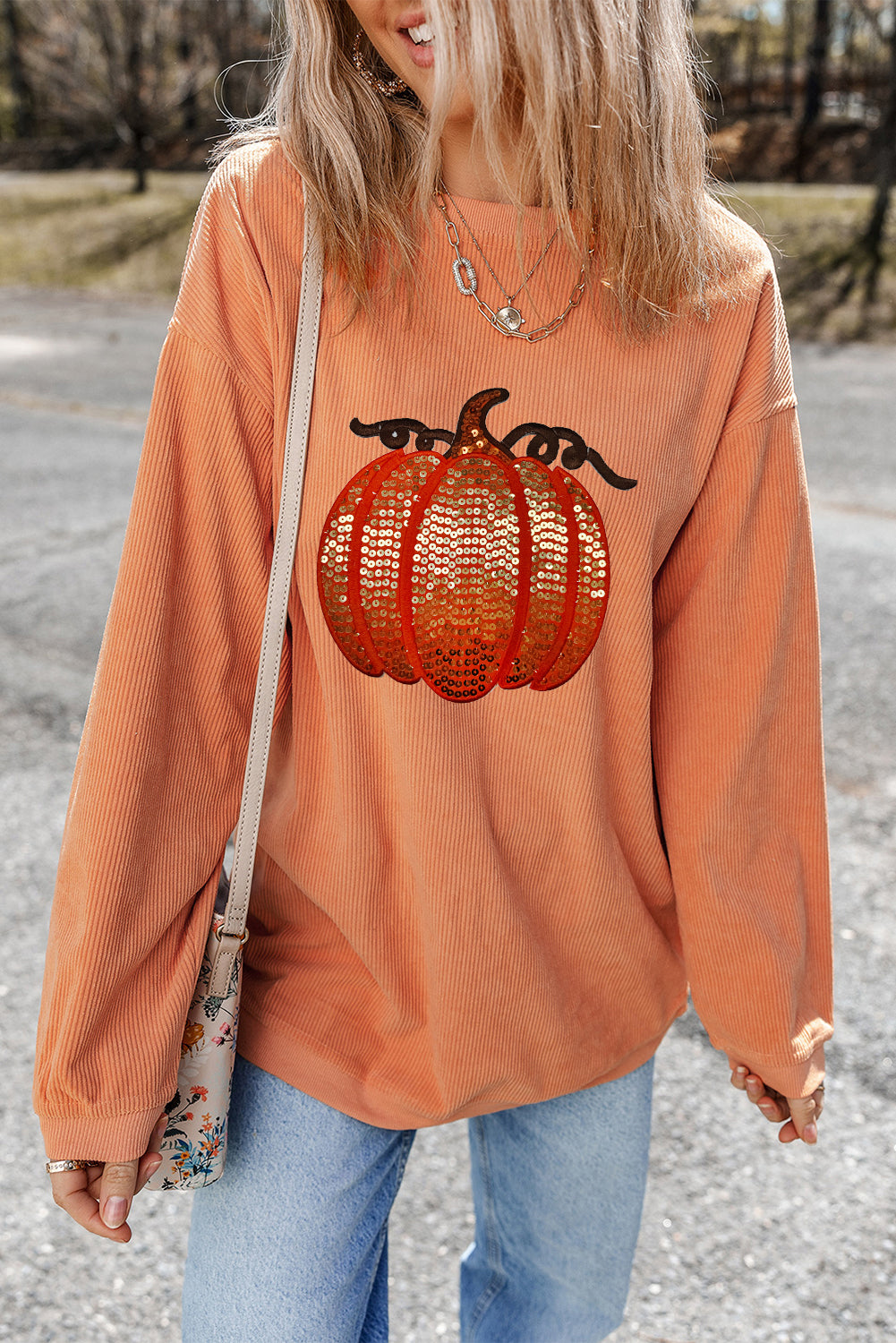 Orange Sequined Pumpkin Halloween Sweatshirt