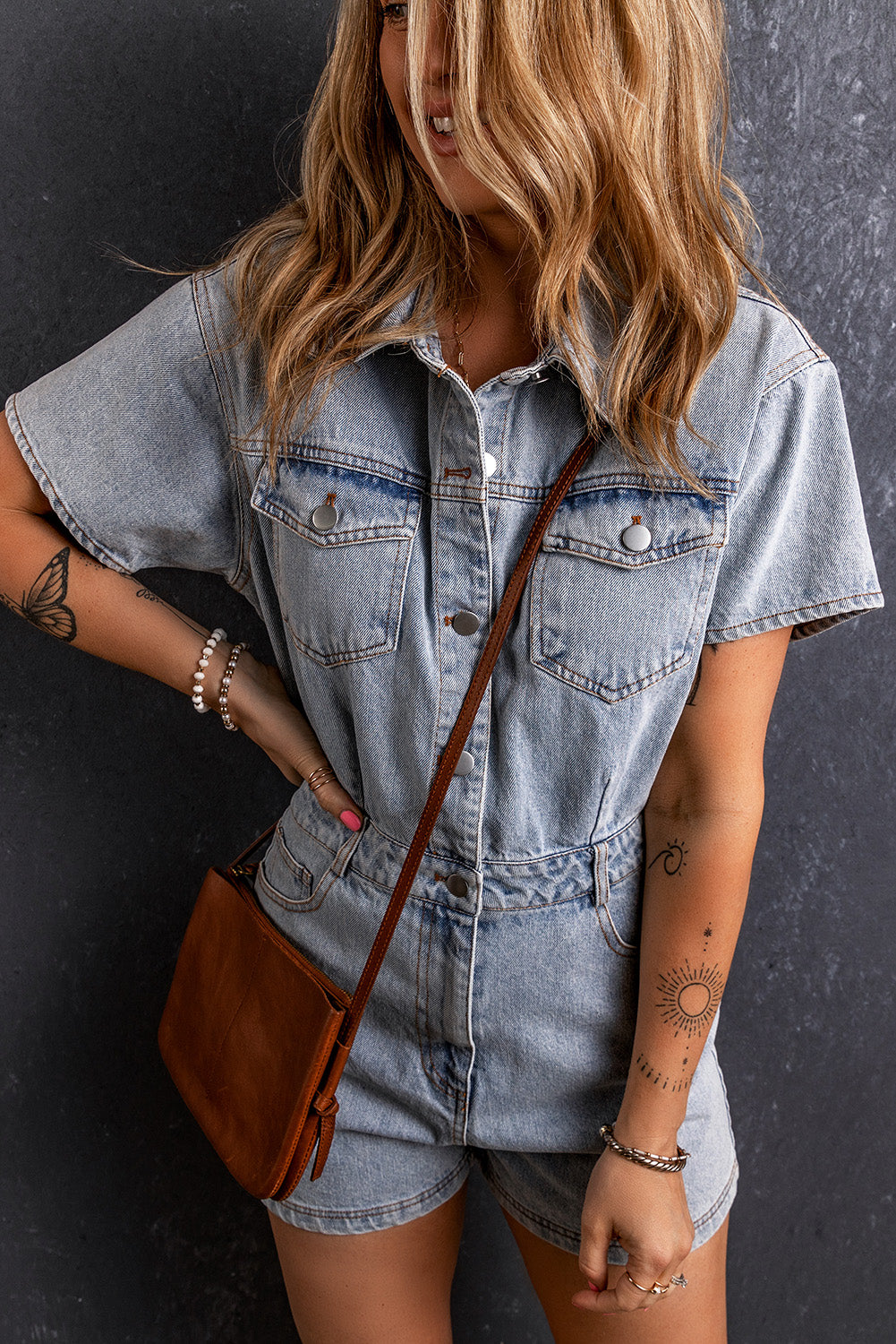 Light Blue Vintage Washed Buttons Pocketed Denim Romper