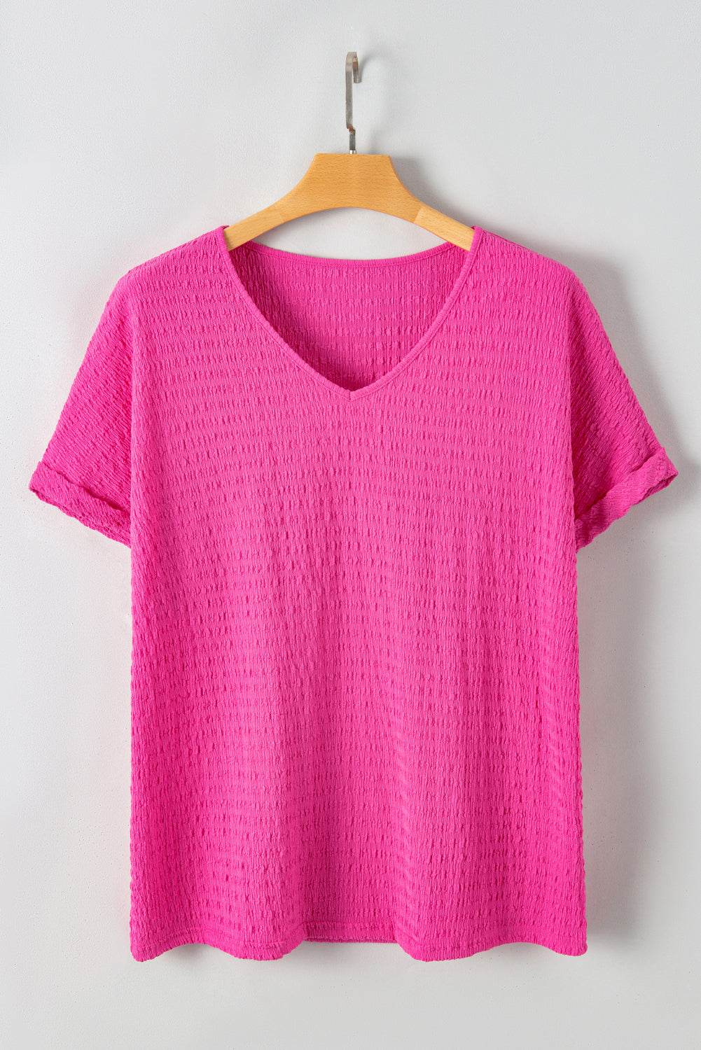 Bright Pink Textured Folded Sleeve V Neck T Shirt in CURVY SIZE ONLY