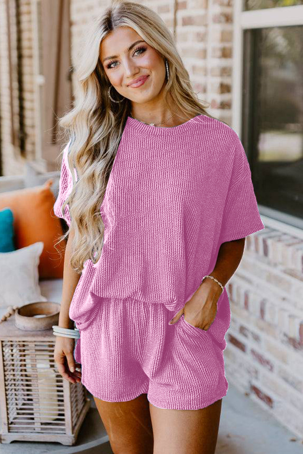 Ribbed Textured Knit Loose Fit Tee and Shorts Set