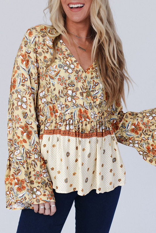 Yellow Floral Bell Sleeve V Neck Peplum Blouse