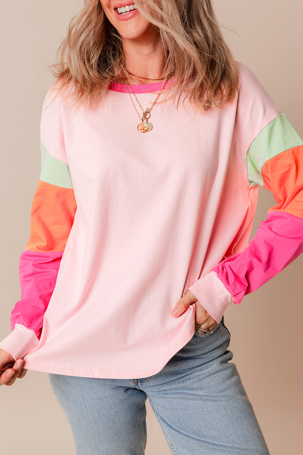 Color Block Patchwork Long Sleeve Loose Top