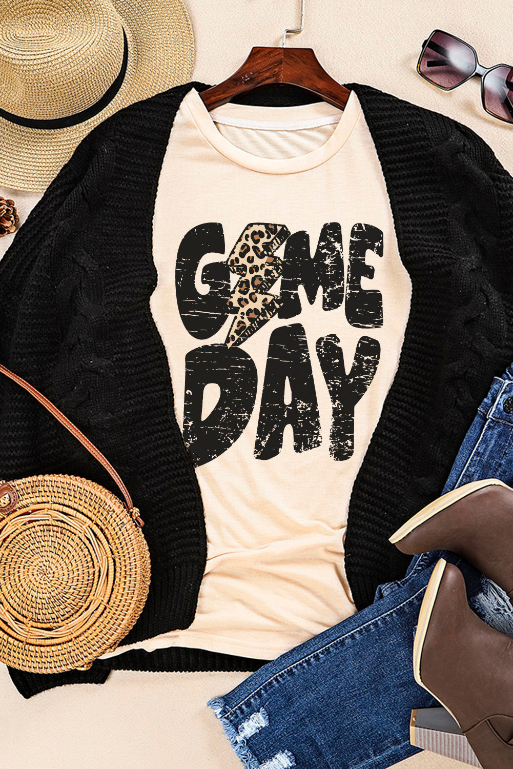 Khaki Game Day Football Leopard Lightning T Shirt