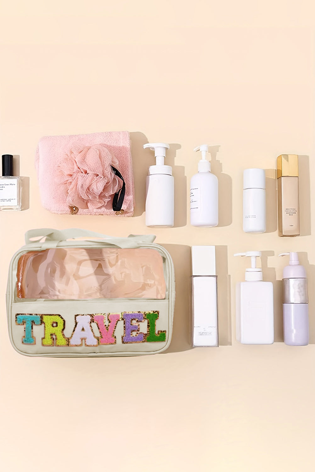 TRAVEL Chenille Letter Clear PVC Makeup Bag