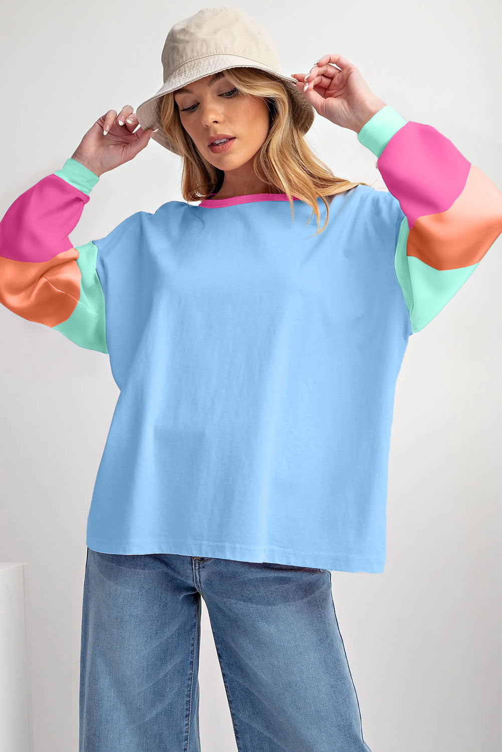 Color Block Patchwork Long Sleeve Loose Top