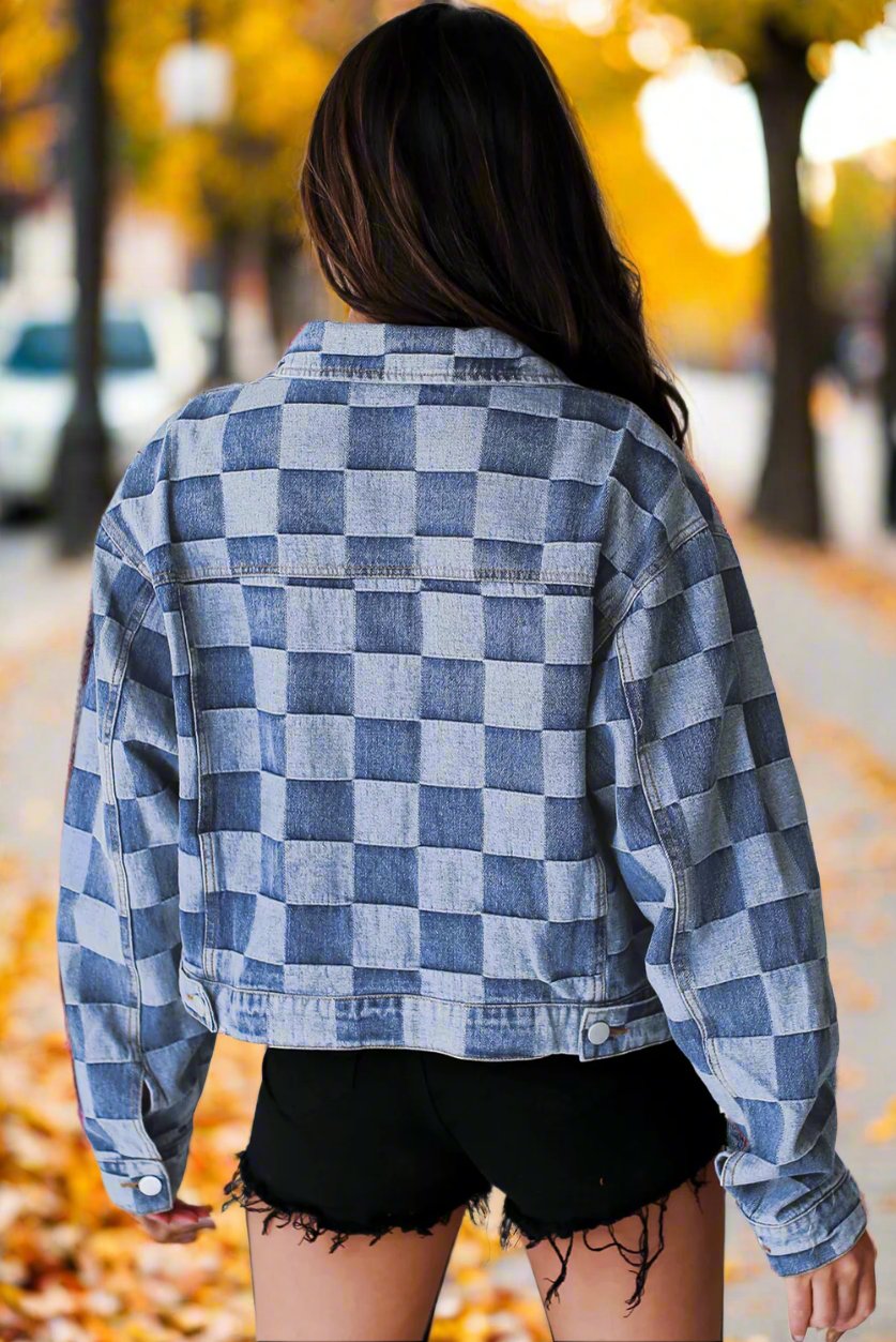 Checkered Patchwork Button up Denim Jacket