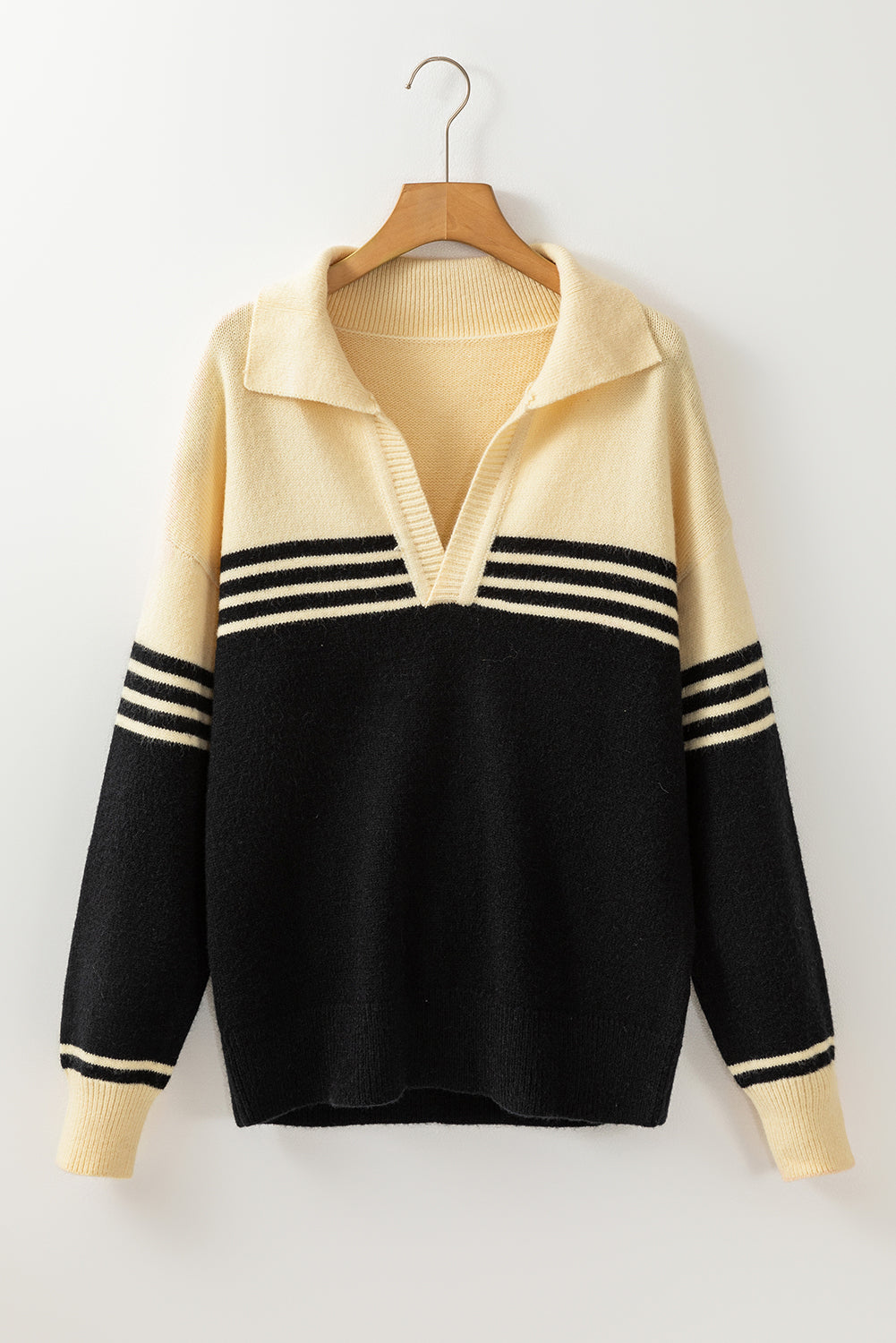 Black Colorblock Stripe Collared V Neck Sweater