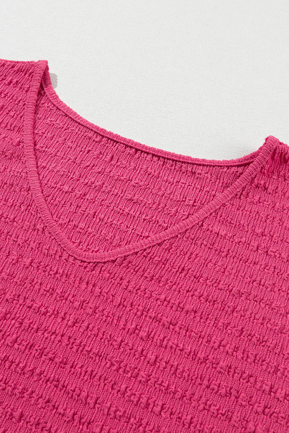 Bright Pink Textured Rolled Short Sleeve V Neck Top