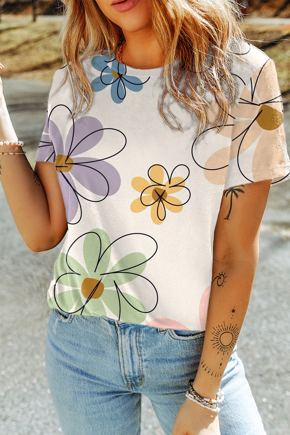 Beige Flower Print Casual Round Neck T Shirt