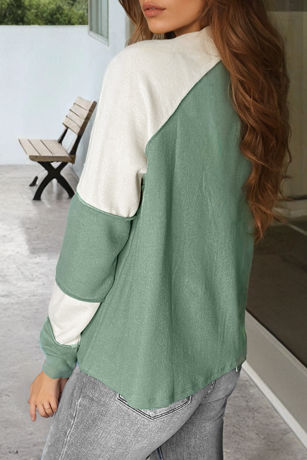 Mint Green Ribbed Color block Patchwork Raglan Long Sleeve Top