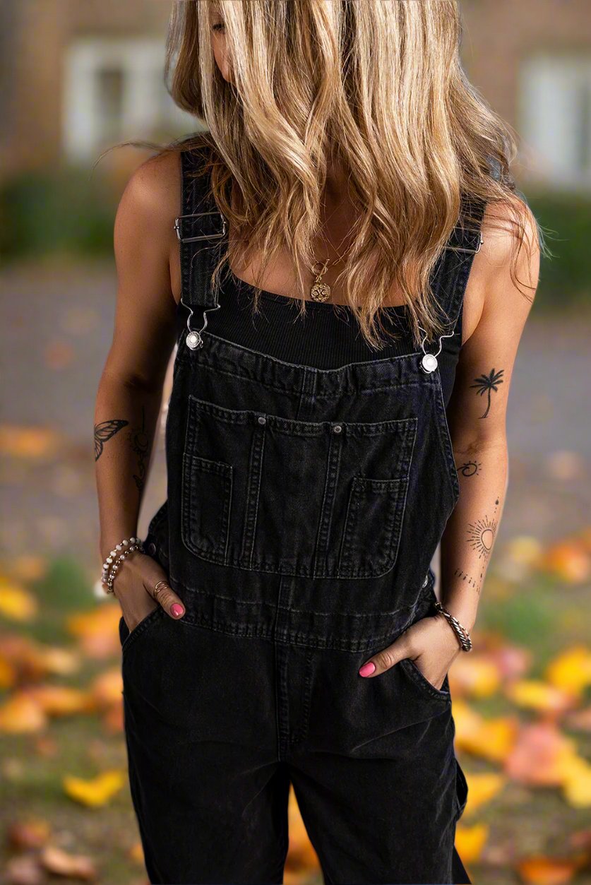 Black Adjustable Buckle Straps Denim Overalls