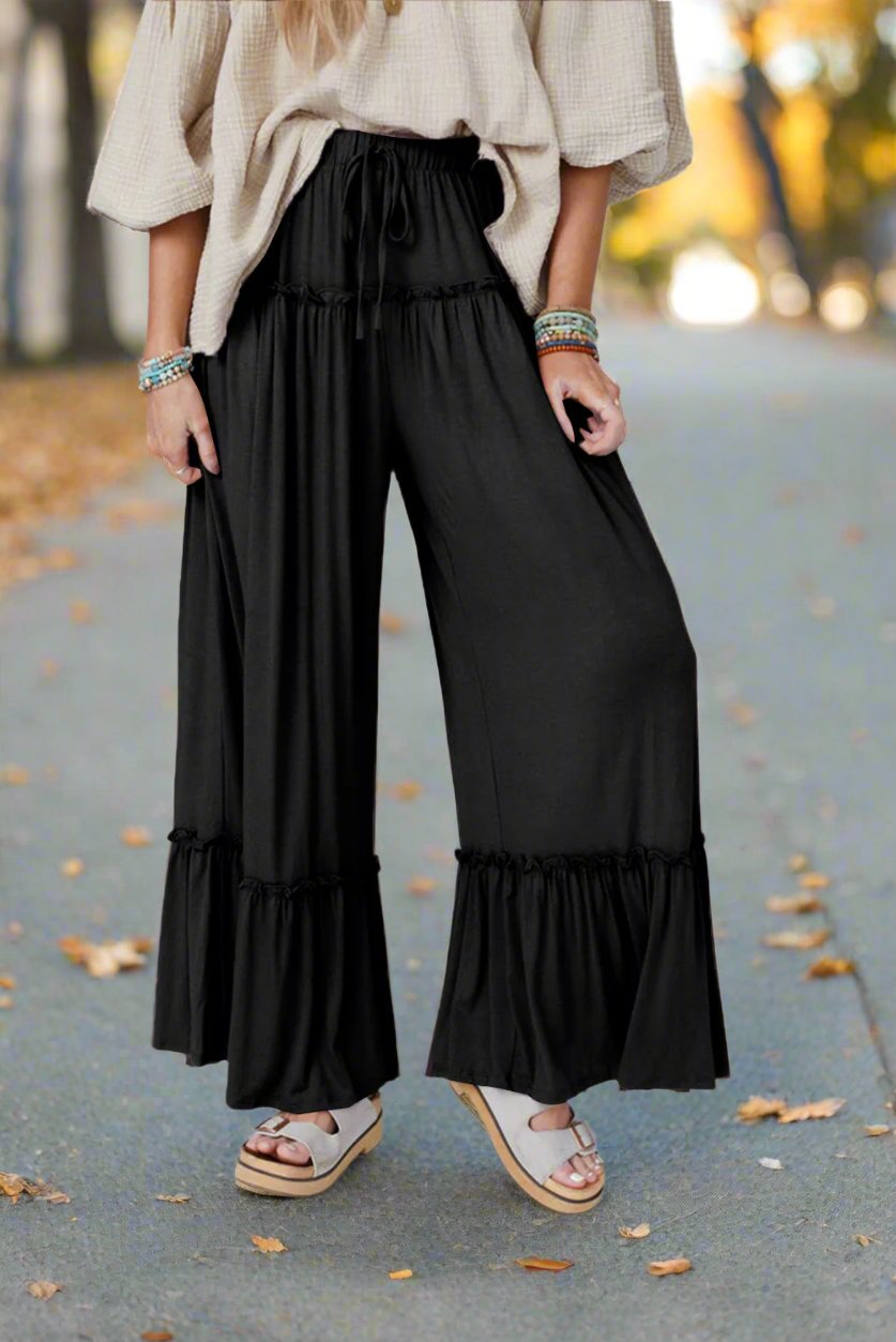 Frilled Drawstring High Waist Wide Leg Pants