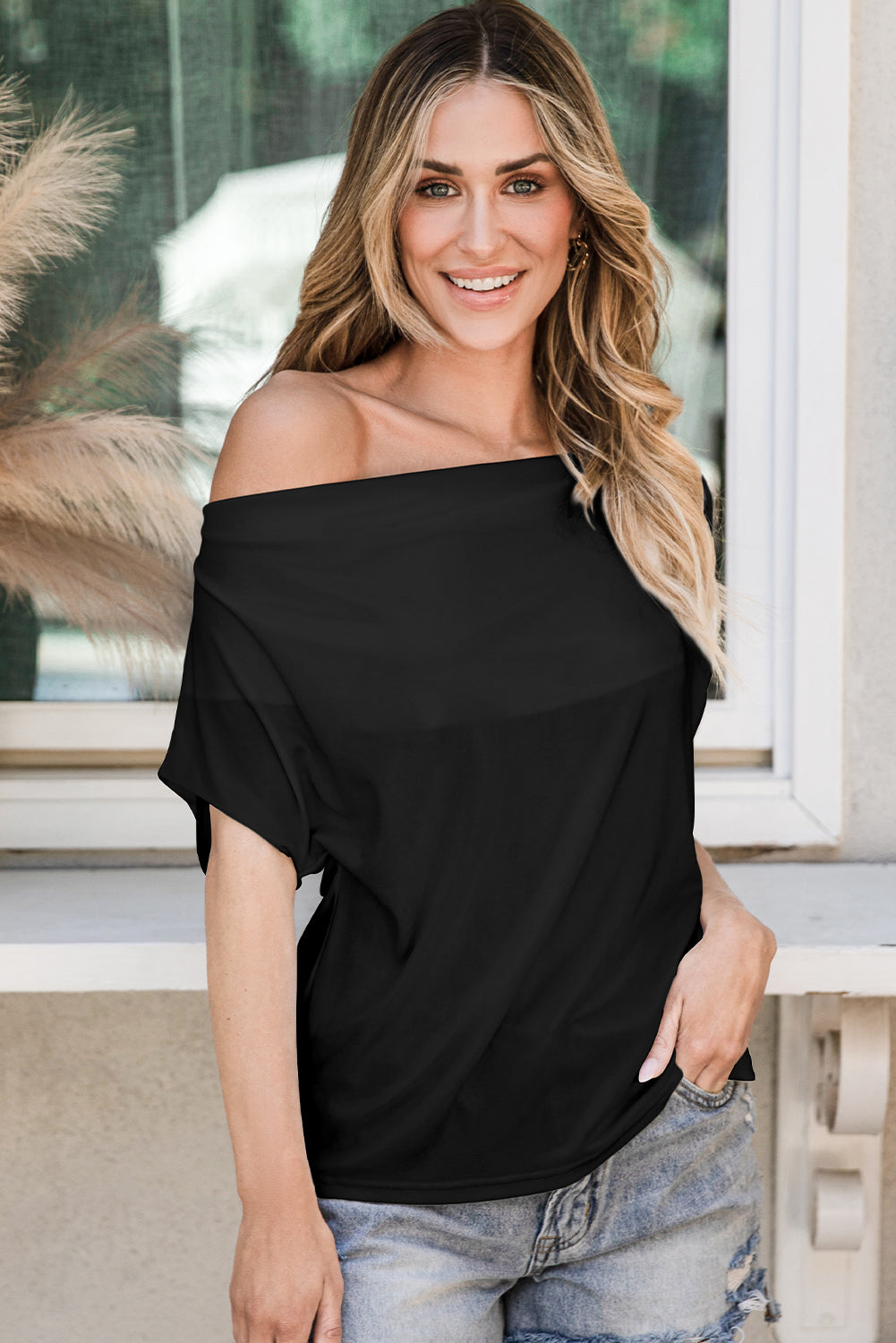 Black Cowl Neck Bat Sleeve T Shirt