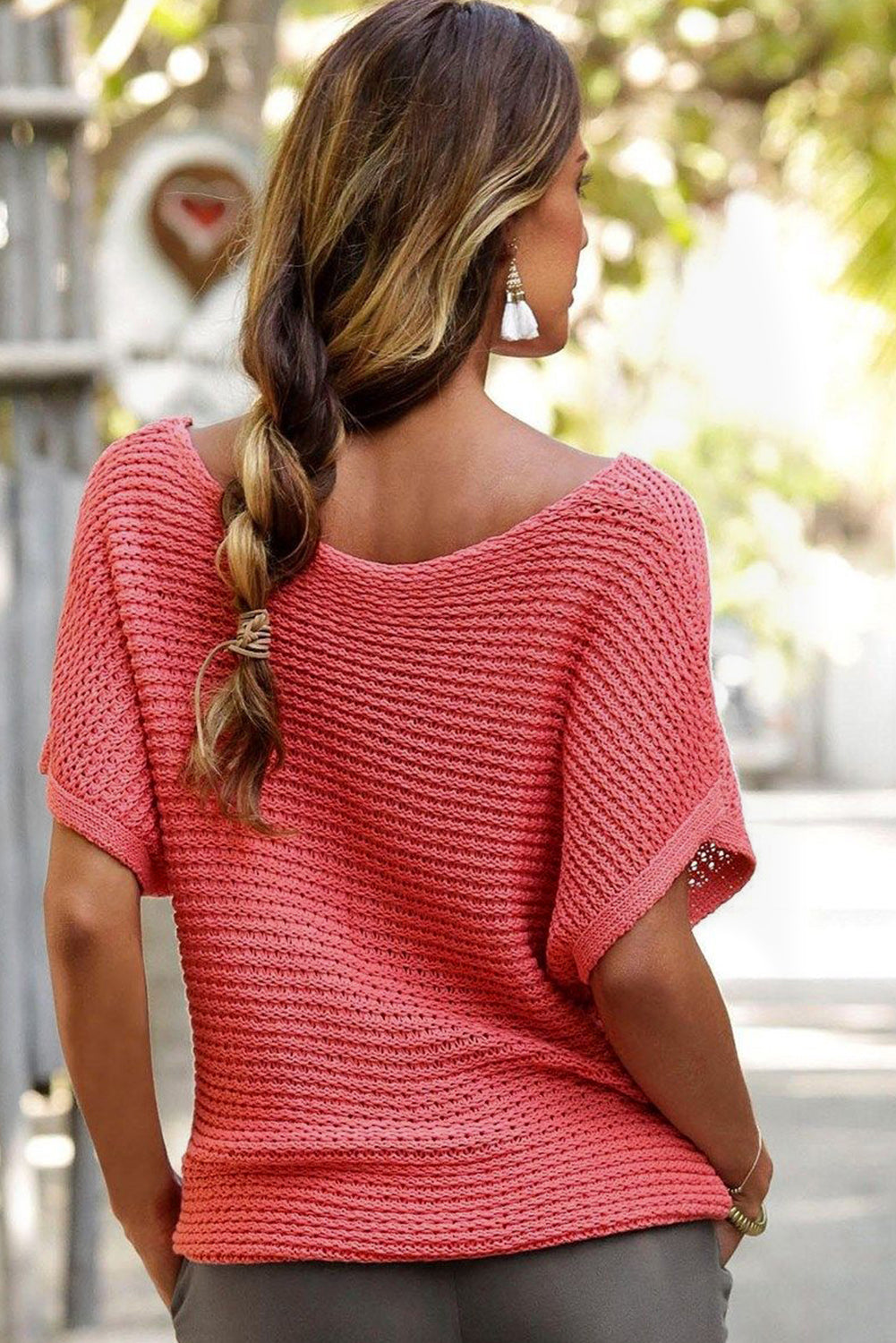 Solid Loose Knit Short Dolman Sleeve Sweater in Red Clay