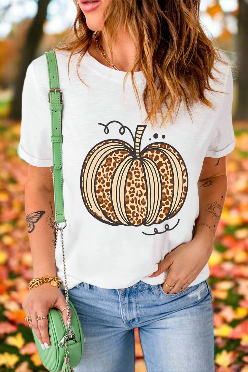 White Leopard Pumpkin Graphic Crewneck Halloween T Shirt