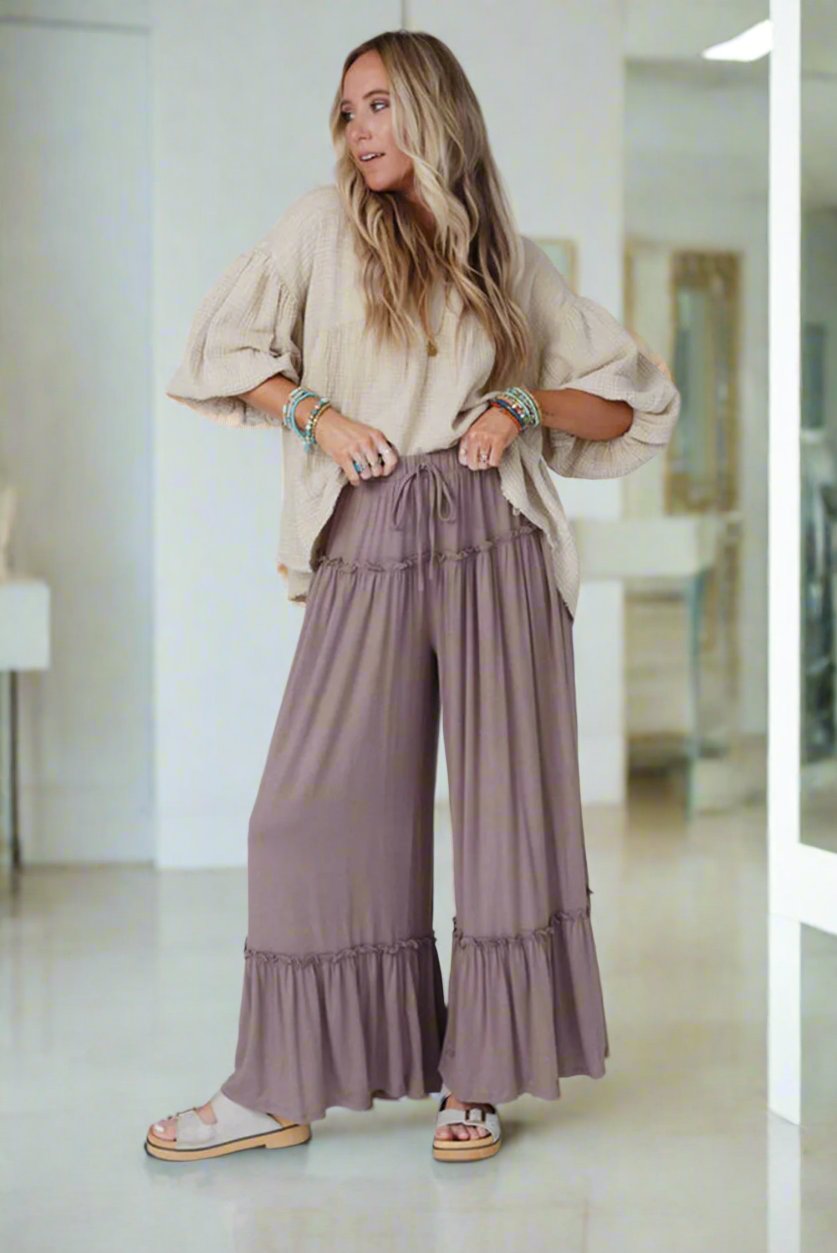 Frilled Drawstring High Waist Wide Leg Pants