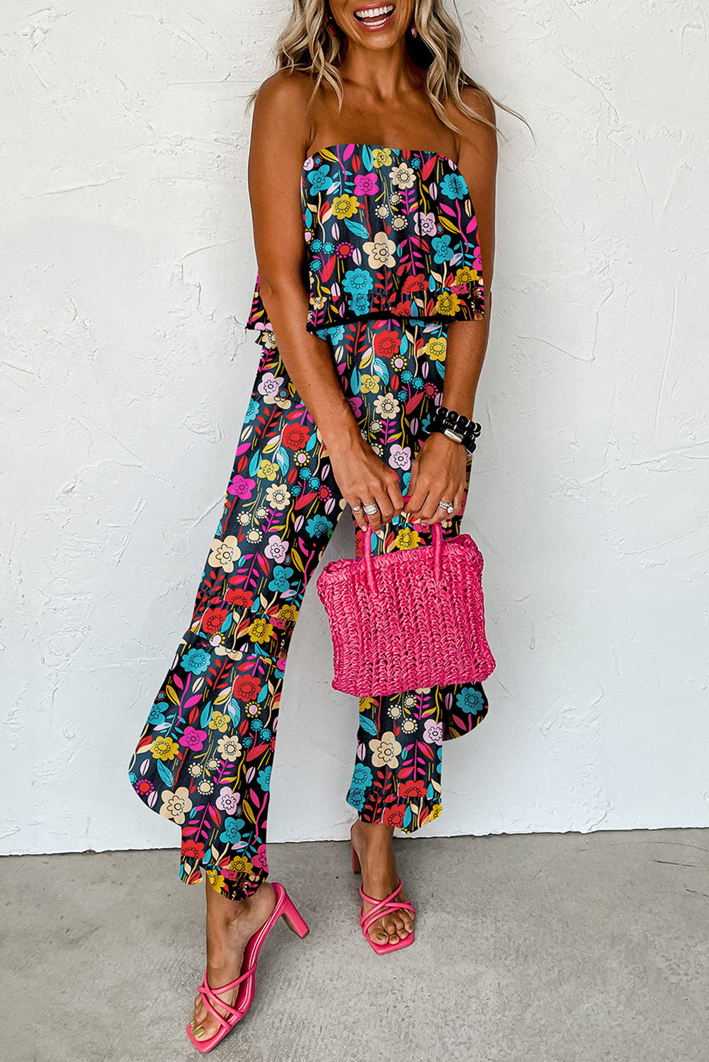 Tropical Print Strapless Ruffled Jumpsuit